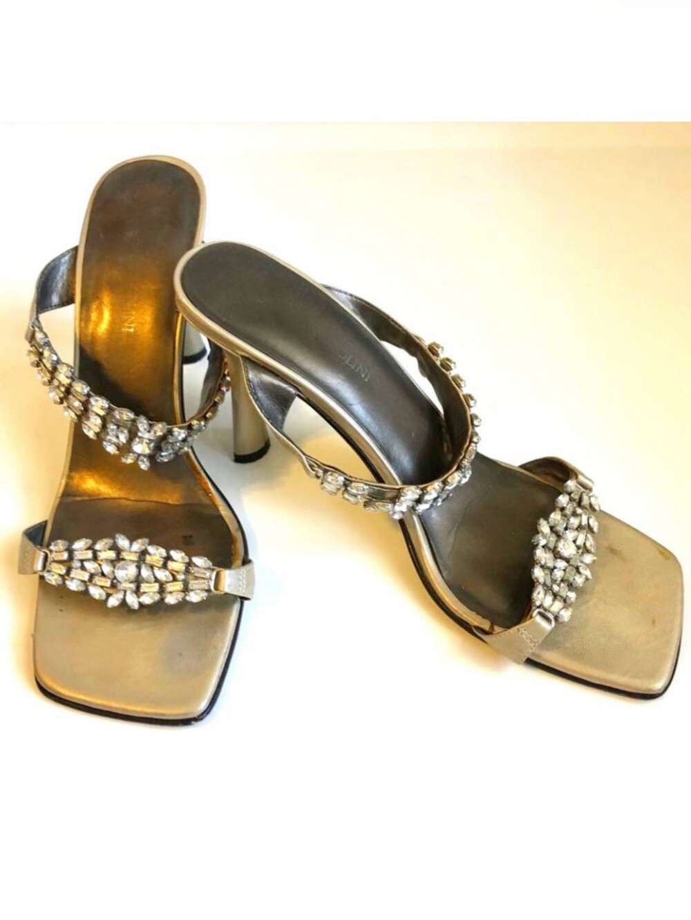 Vintage Y2K ENZO ANGIOLINI Bezella Gold Leather Rhinestone Stiletto Sandals 7.5 - Picture 5 of 8